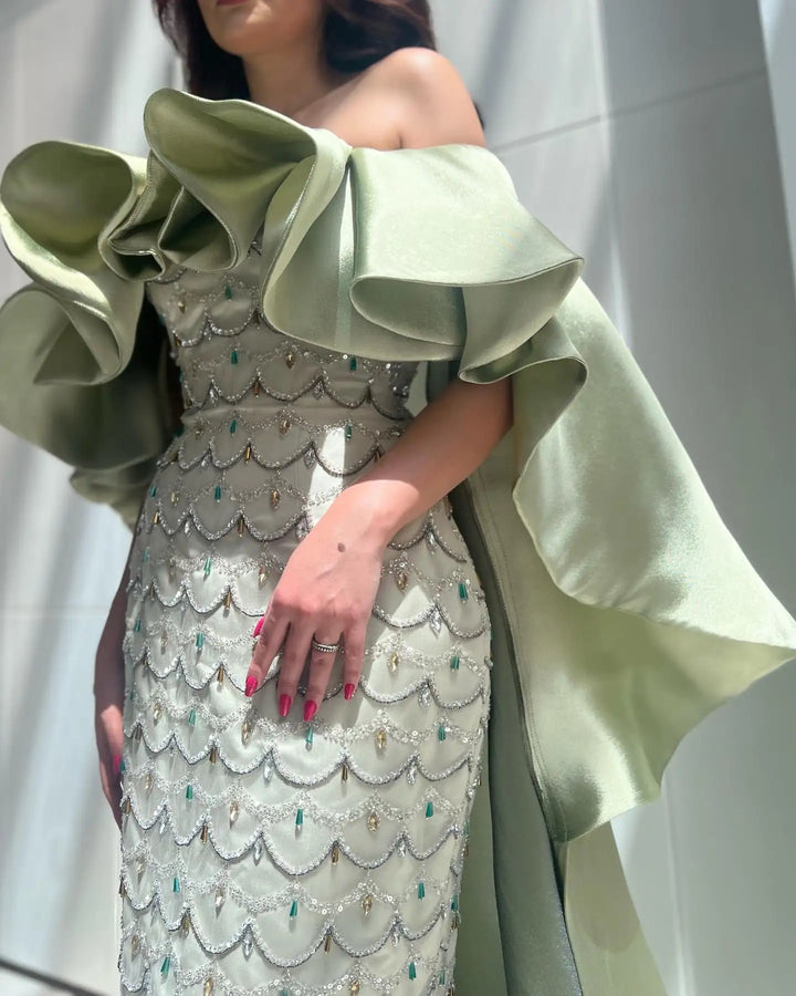 Luxury Sage Green Strapless Evening Dress with Cape SS383