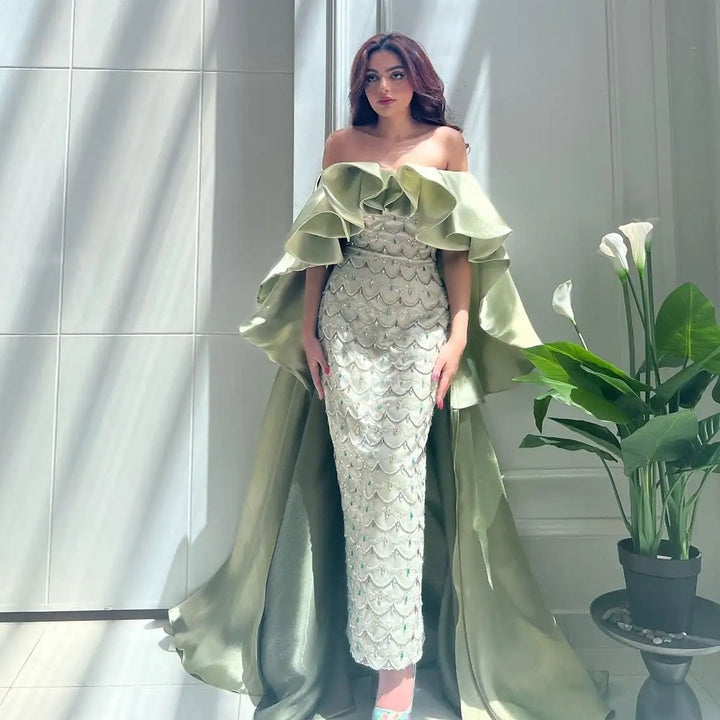 Luxury Sage Green Strapless Evening Dress with Cape SS383