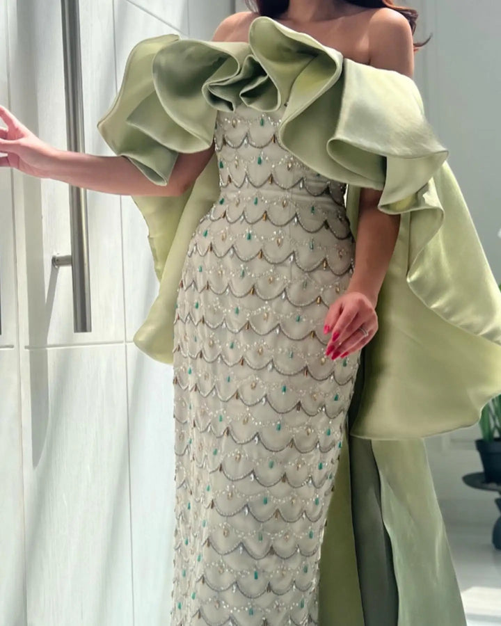 Luxury Sage Green Strapless Evening Dress with Cape SS383