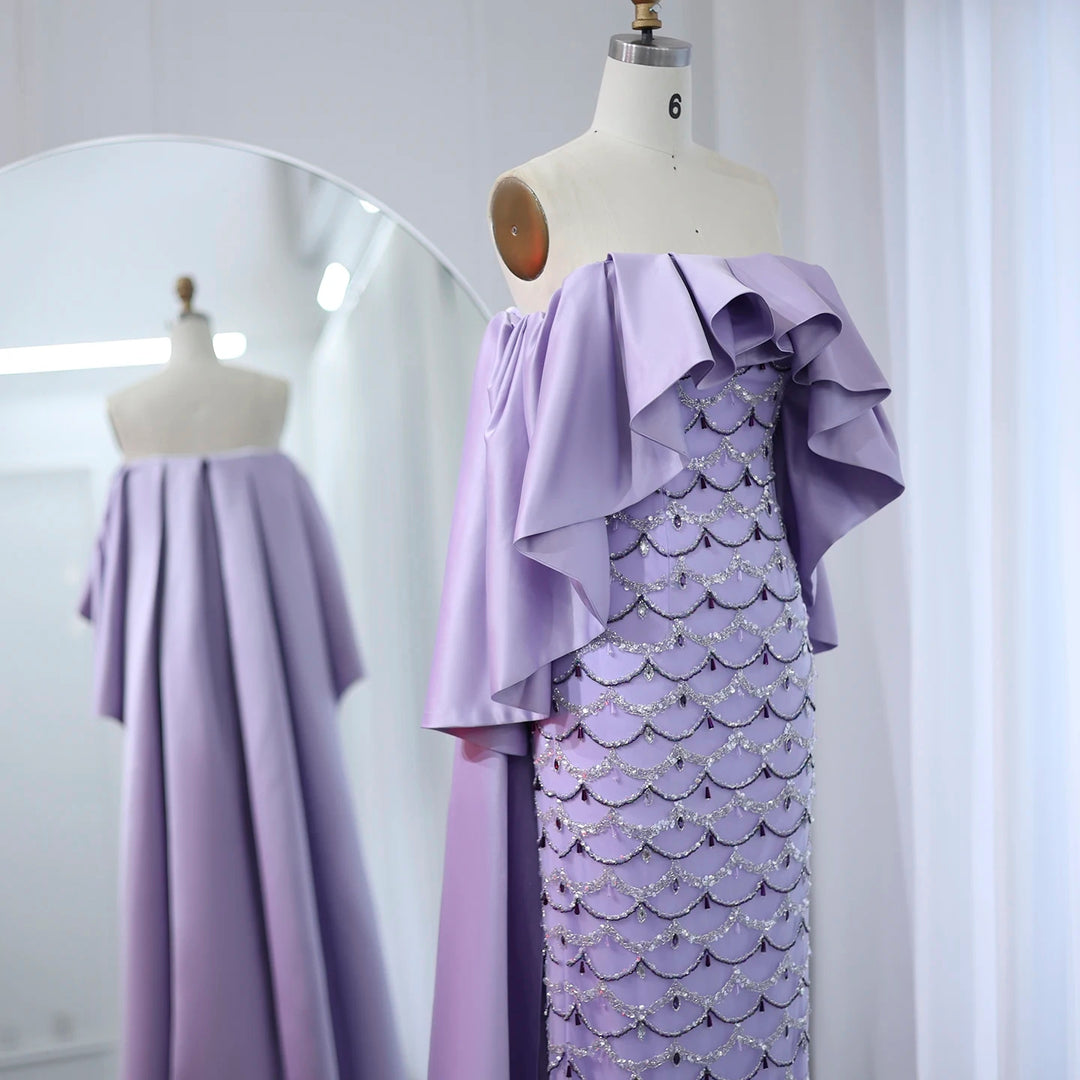 Luxury Sage Green Strapless Evening Dress with Cape SS383