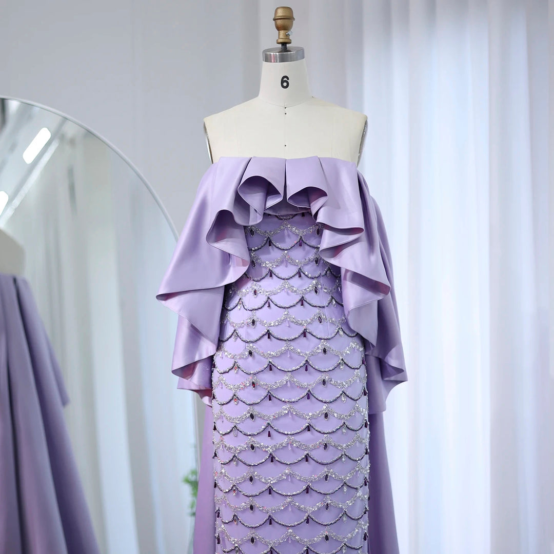 Luxury Sage Green Strapless Evening Dress with Cape SS383