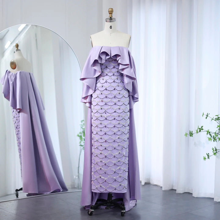 Luxury Sage Green Strapless Evening Dress with Cape SS383