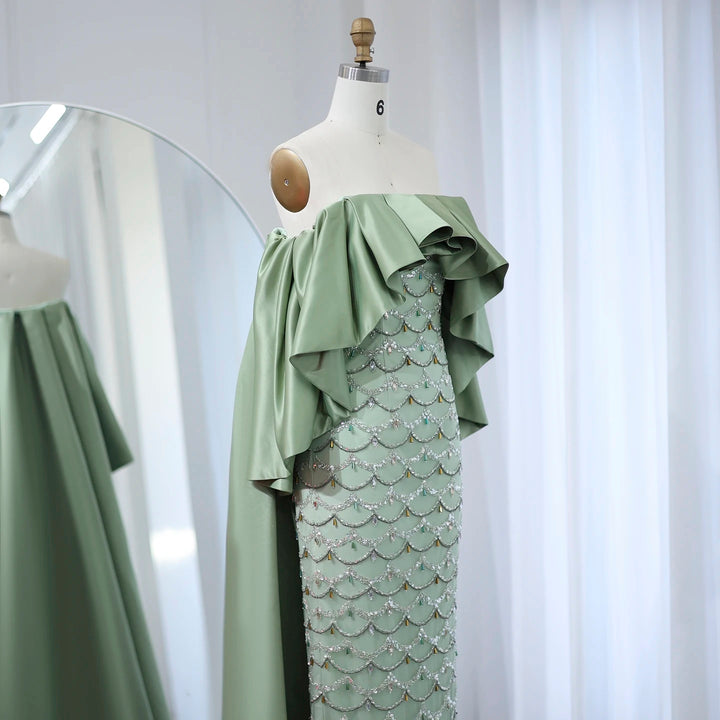 Luxury Sage Green Strapless Evening Dress with Cape SS383