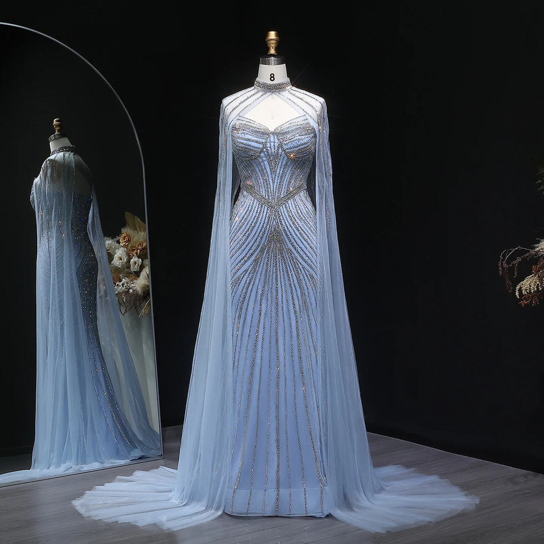 Elegant Pink Mermaid Evening Dress with Crystals Cape SS017