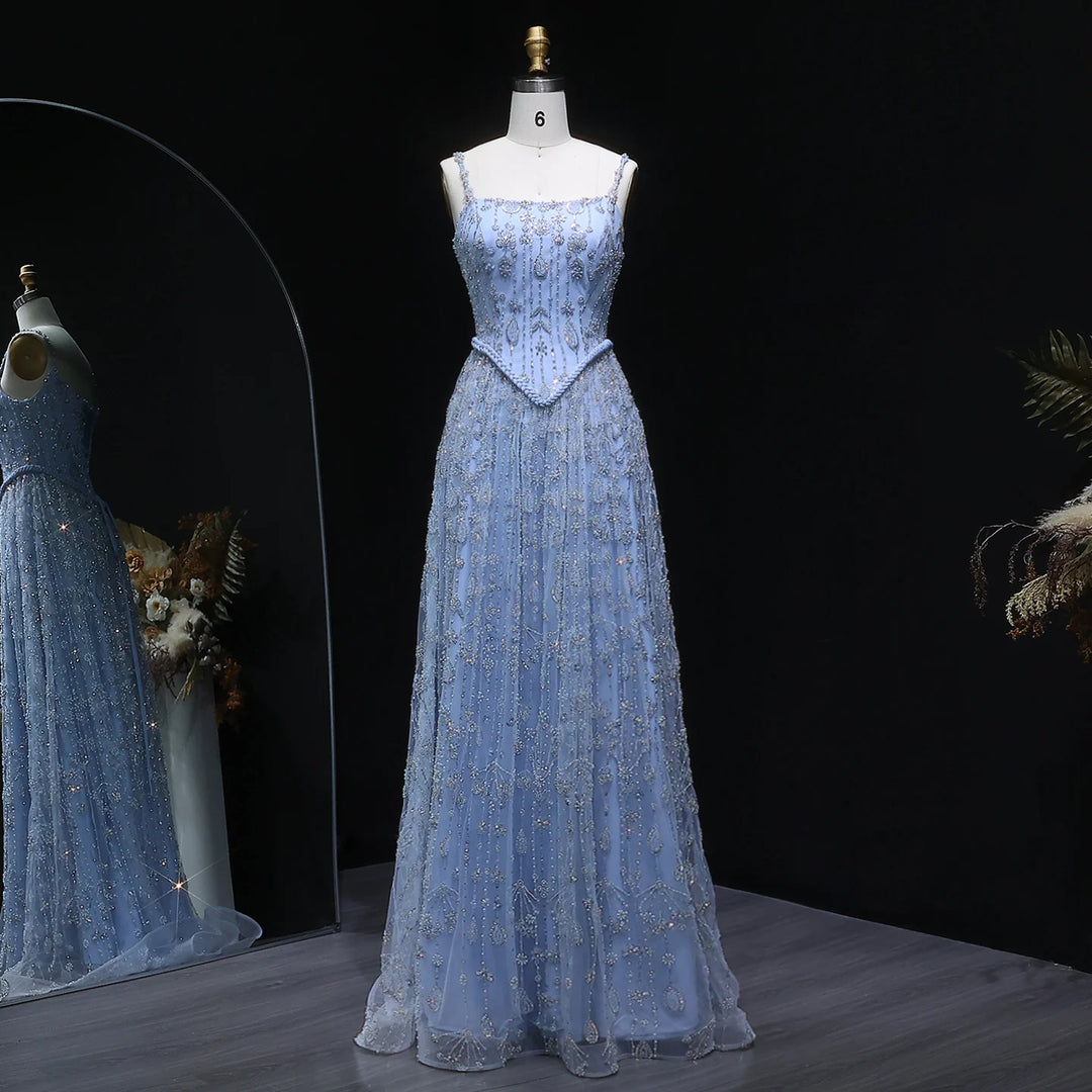 Elegant Sage Green Luxury Evening Dress with Spaghetti Straps SS693