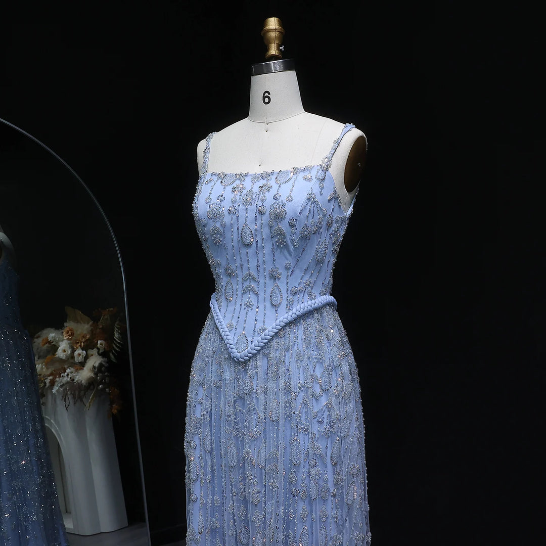 Elegant Sage Green Luxury Evening Dress with Spaghetti Straps SS693