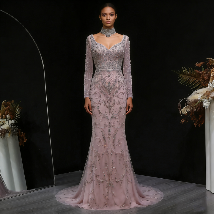 Luxury Pink Crystal Long Sleeve Prom Dress with Neckpiece SS181