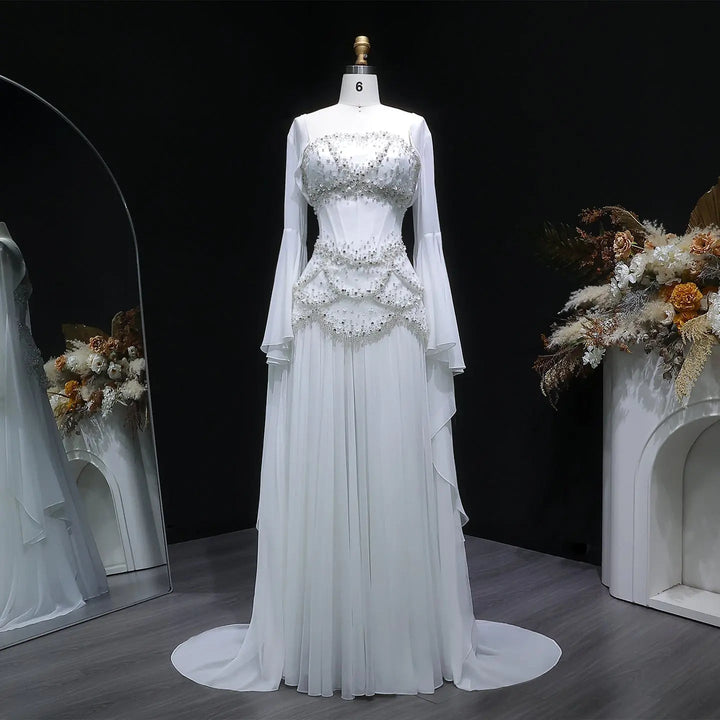 Luxury Pearls Tassel Blue Evening Dress with Flowing Coat SS286