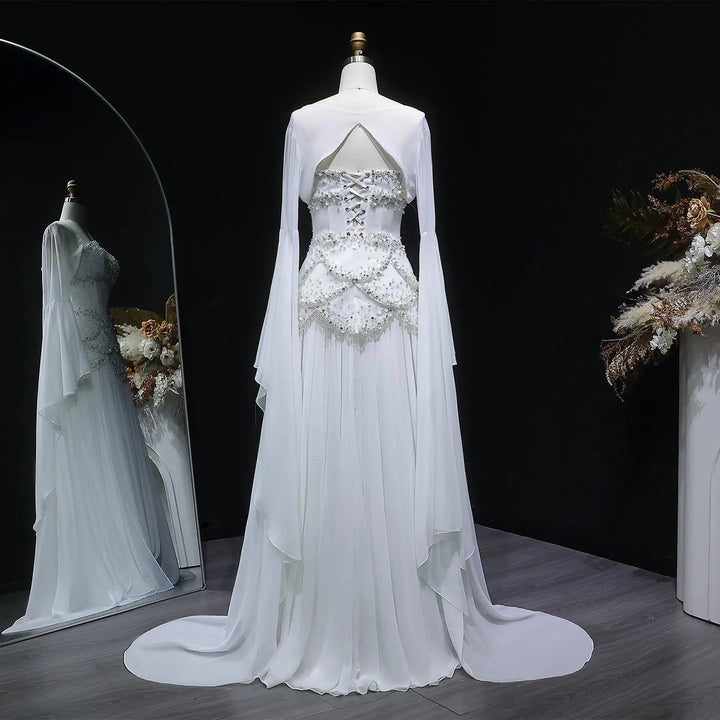Luxury Pearls Tassel Blue Evening Dress with Flowing Coat SS286