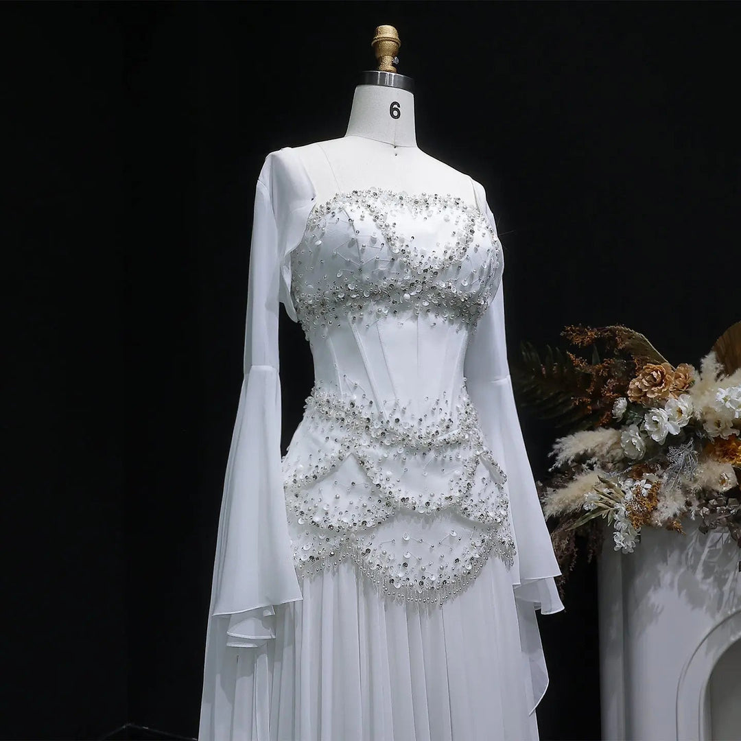 Luxury Pearls Tassel Blue Evening Dress with Flowing Coat SS286