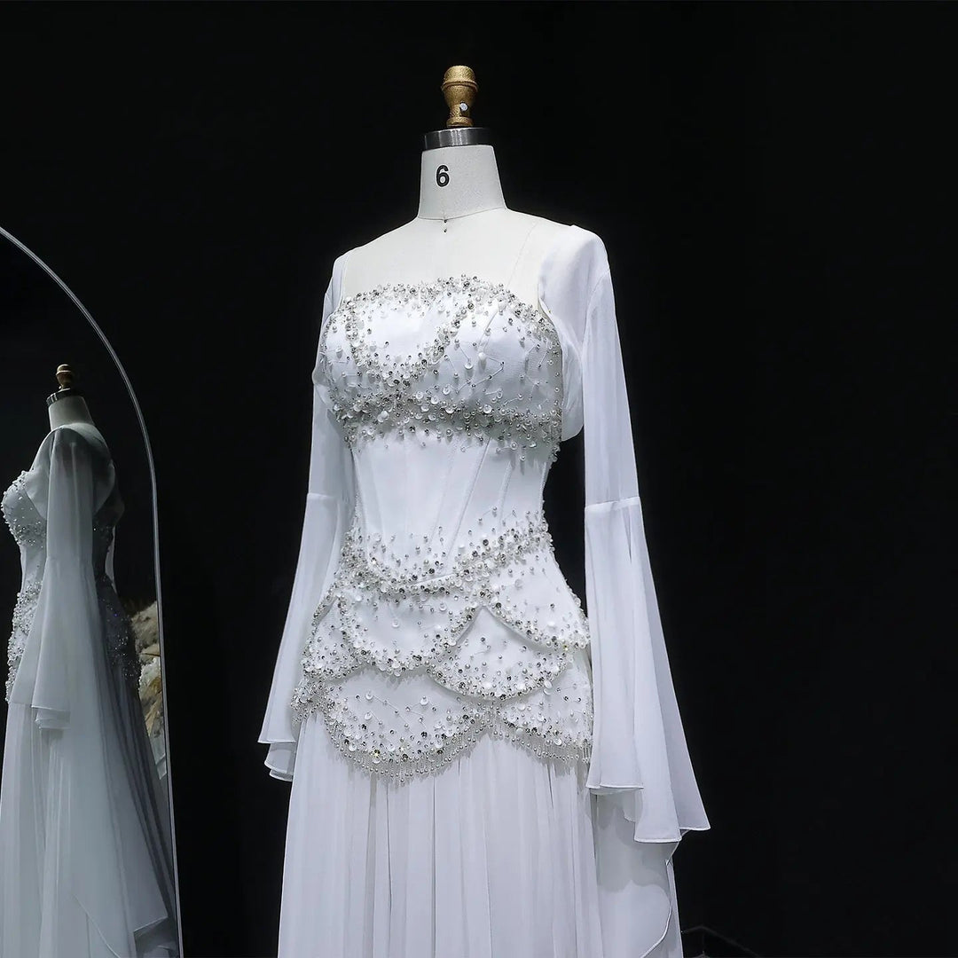 Luxury Pearls Tassel Blue Evening Dress with Flowing Coat SS286