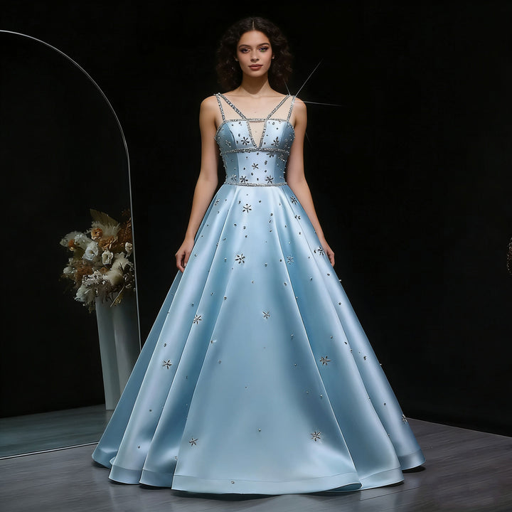 Luxury Blue Satin Evening Dress with Crystal Strap SS428