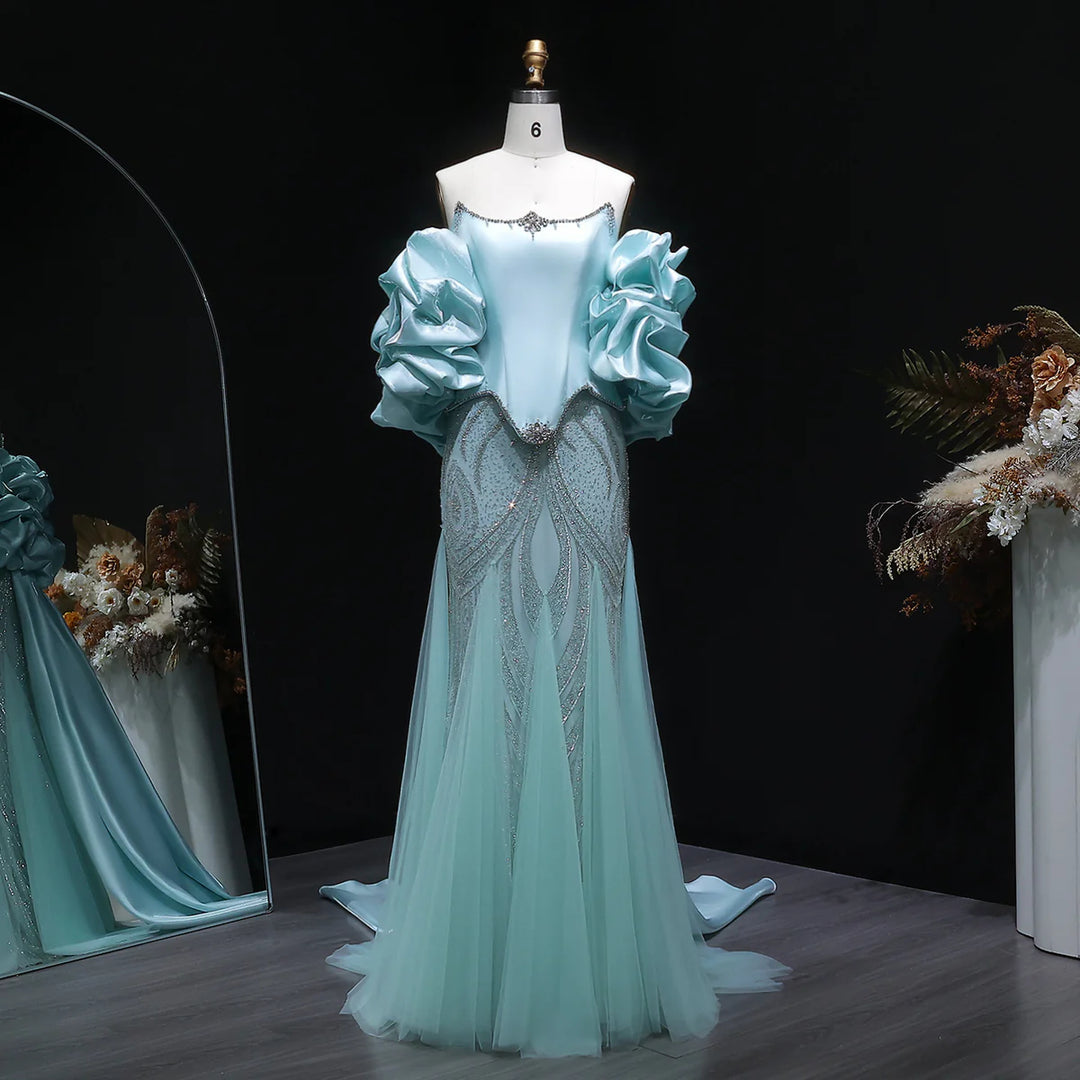 Elegant Aqua Strapless Evening Dress with Crystal Beading SS501