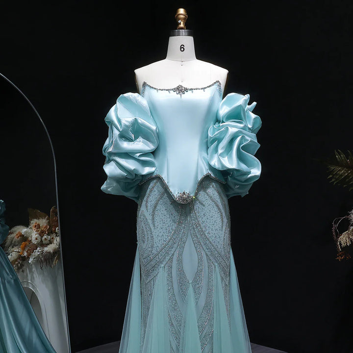 Elegant Aqua Strapless Evening Dress with Crystal Beading SS501