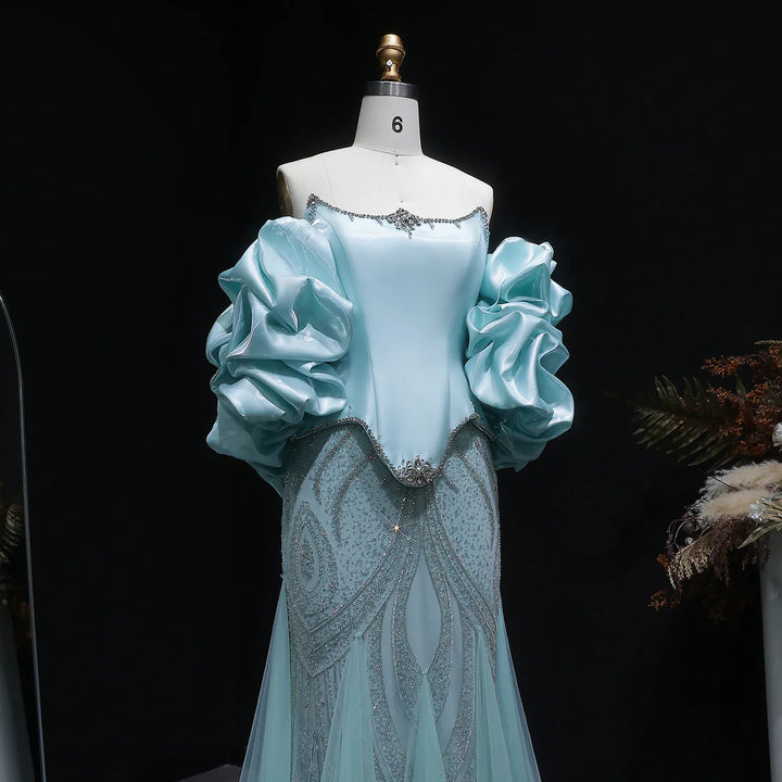 Elegant Aqua Strapless Evening Dress with Crystal Beading SS501