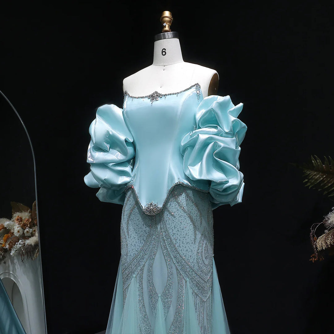 Elegant Aqua Strapless Evening Dress with Crystal Beading SS501