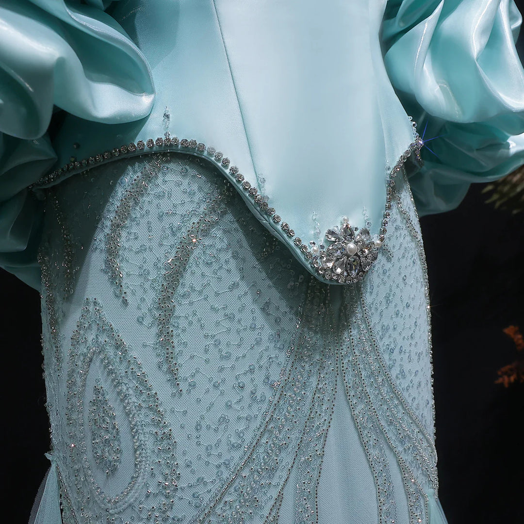 Elegant Aqua Strapless Evening Dress with Crystal Beading SS501