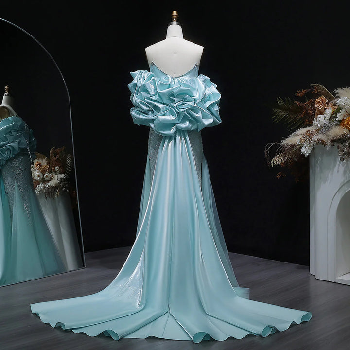 Elegant Aqua Strapless Evening Dress with Crystal Beading SS501