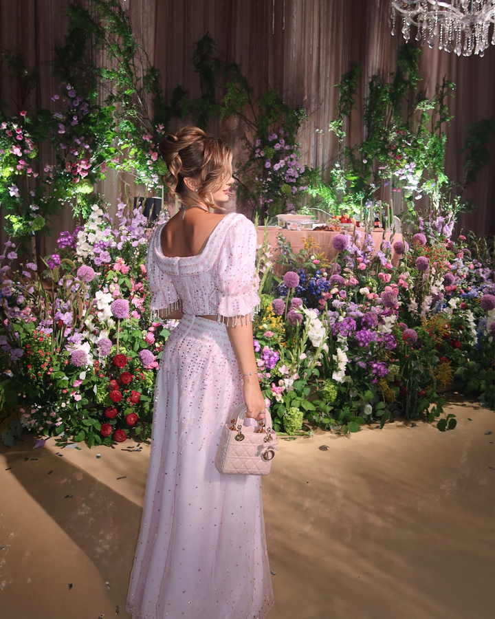 Elegant Pink Sequin Two Piece Evening Dress with Puff Sleeves SS548