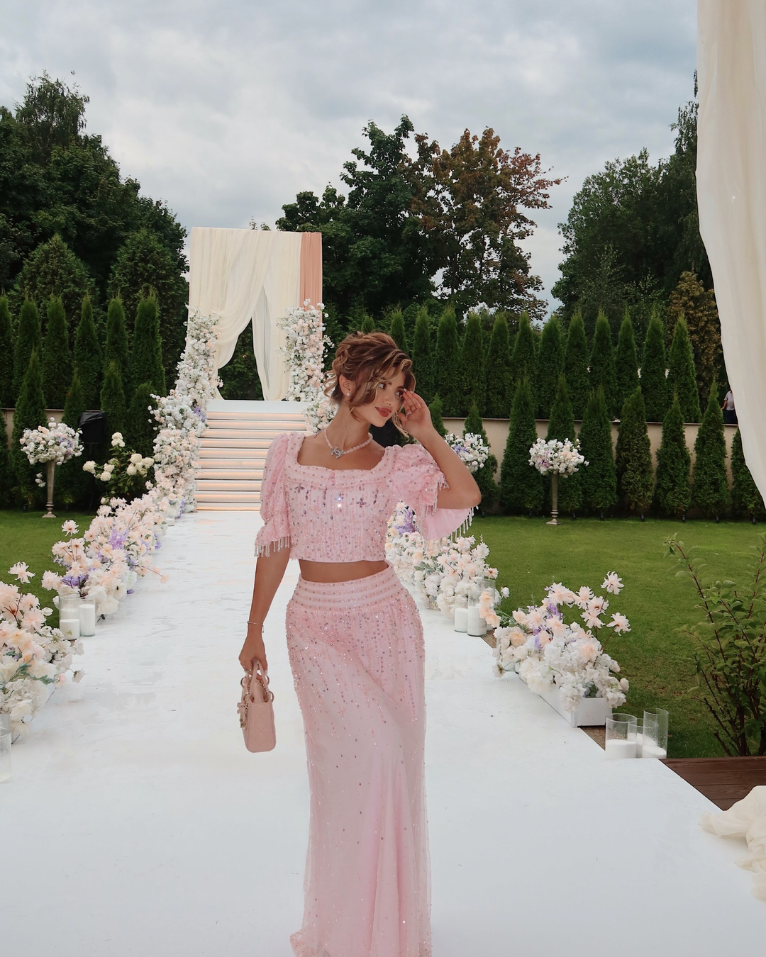 Elegant Pink Sequin Two Piece Evening Dress with Puff Sleeves SS548
