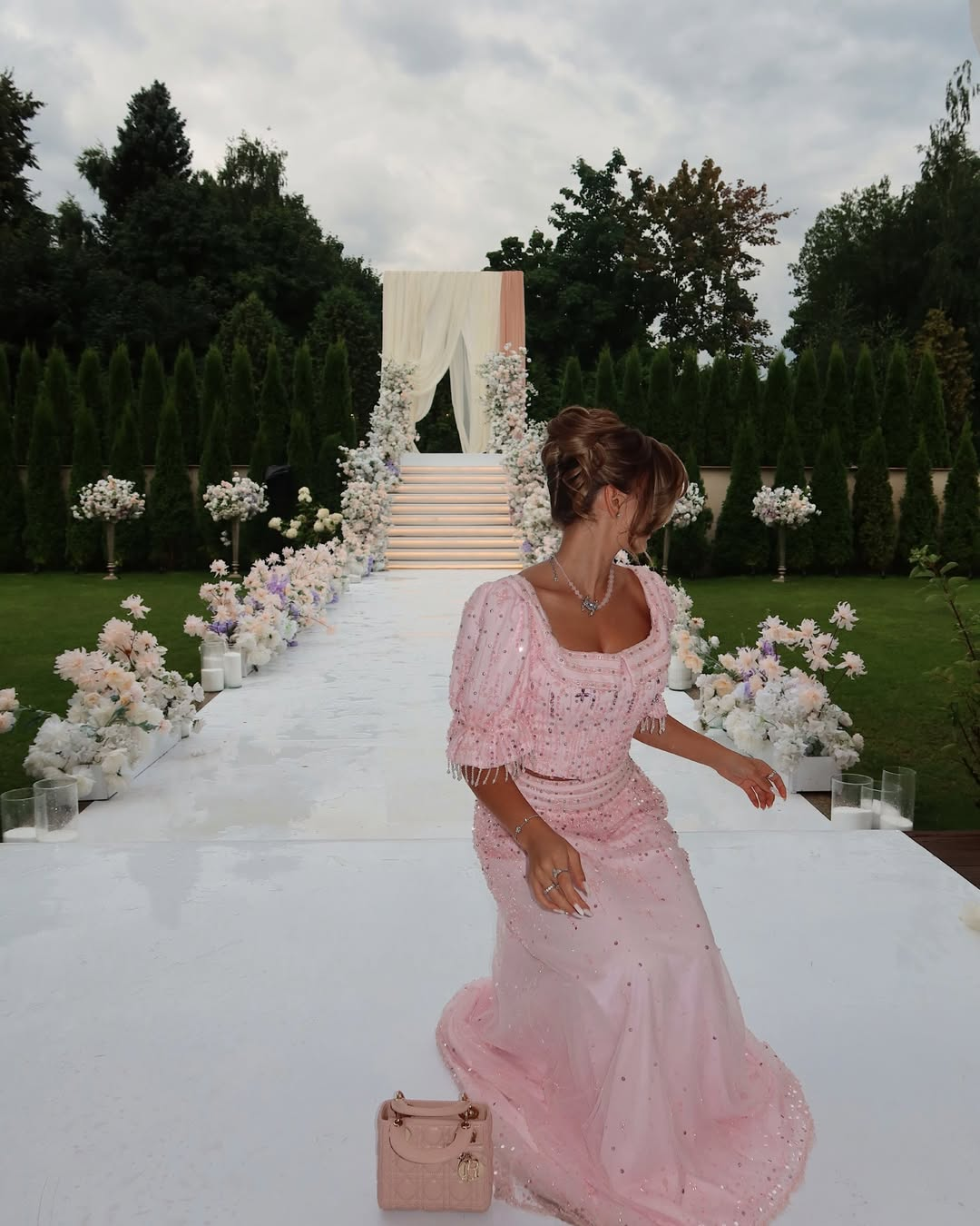 Elegant Pink Sequin Two Piece Evening Dress with Puff Sleeves SS548