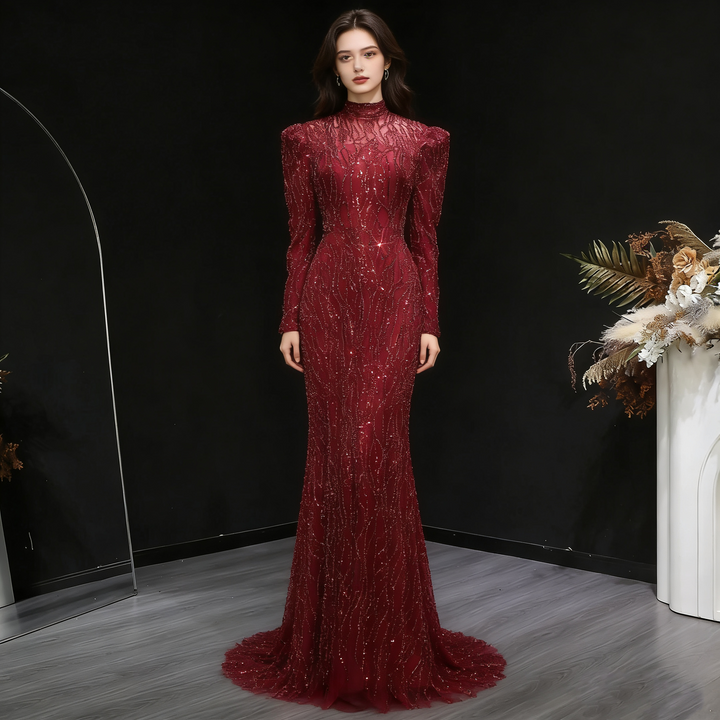 Luxury Wine Red Beaded High Neck Long Sleeve Evening Dress SS618