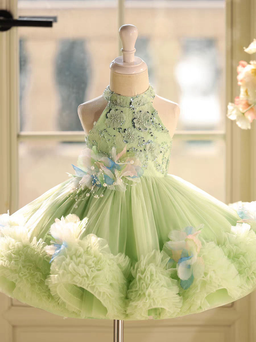Sparkly Sage Green Princess Dress for Girls 3D Floral Party Dress J873B