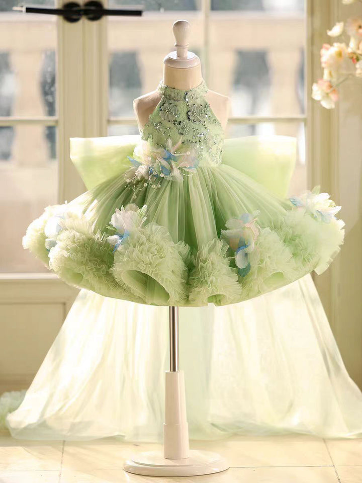 Sparkly Sage Green Princess Dress for Girls 3D Floral Party Dress J873B