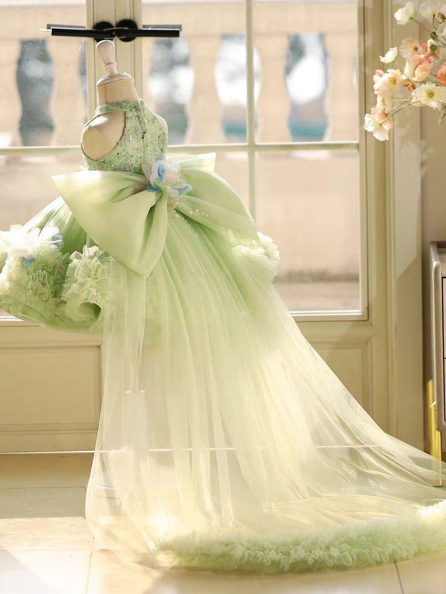 Sparkly Sage Green Princess Dress for Girls 3D Floral Party Dress J873B