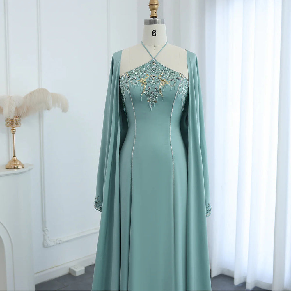 Sage Green Luxury Halter Evening Dresses with Cape SS301