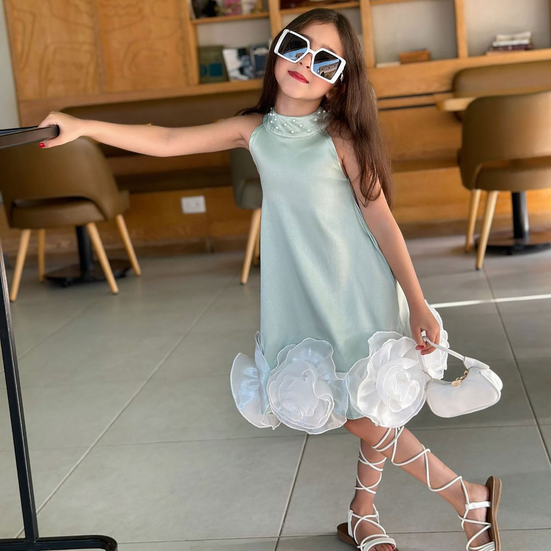 Flower Girl Dress with 3D White Petals Pearl Accents D105