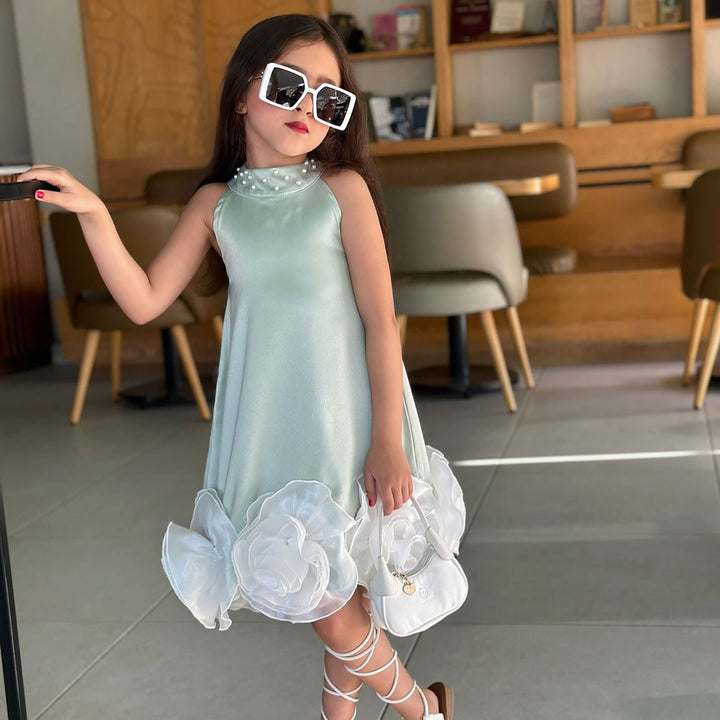 Flower Girl Dress with 3D White Petals Pearl Accents D105