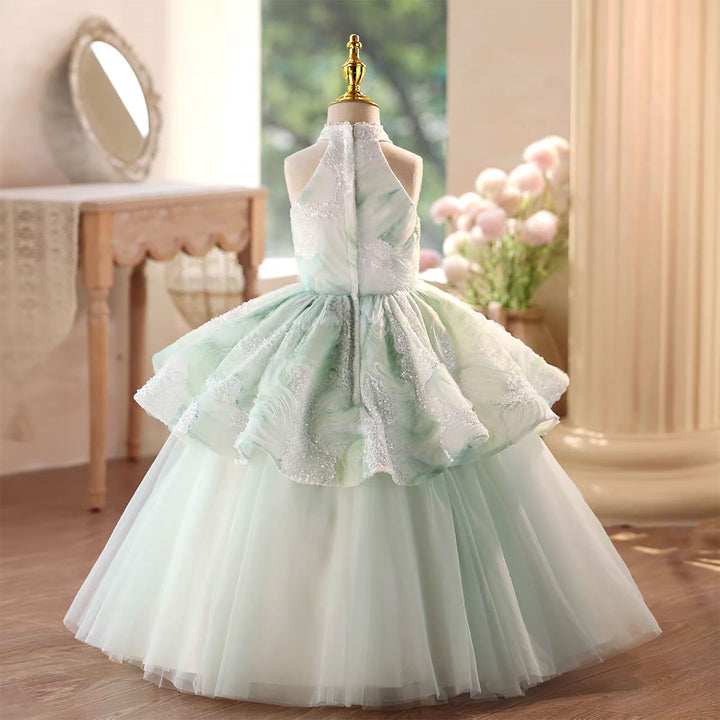 Green Flower Girl Dress with Delicate Beading Floor Length D102