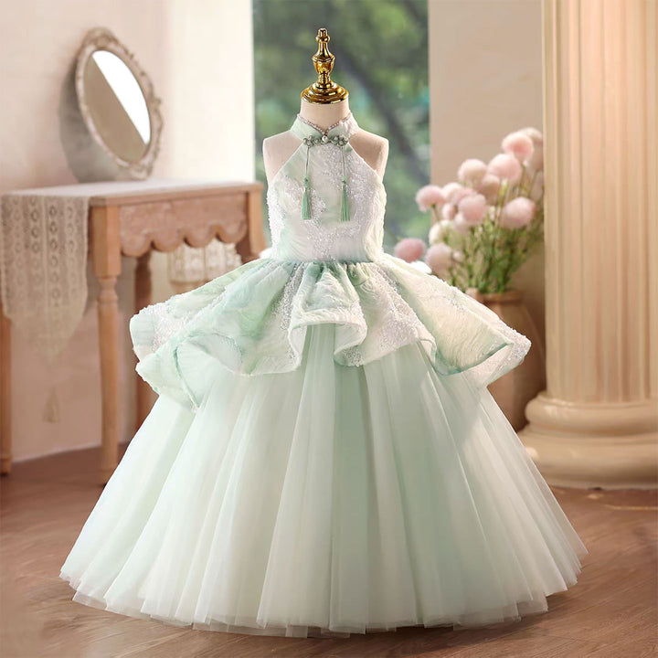 Green Flower Girl Dress with Delicate Beading Floor Length D102