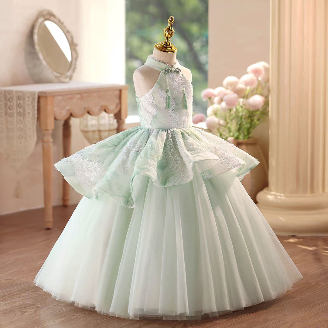 Green Flower Girl Dress with Delicate Beading Floor Length D102