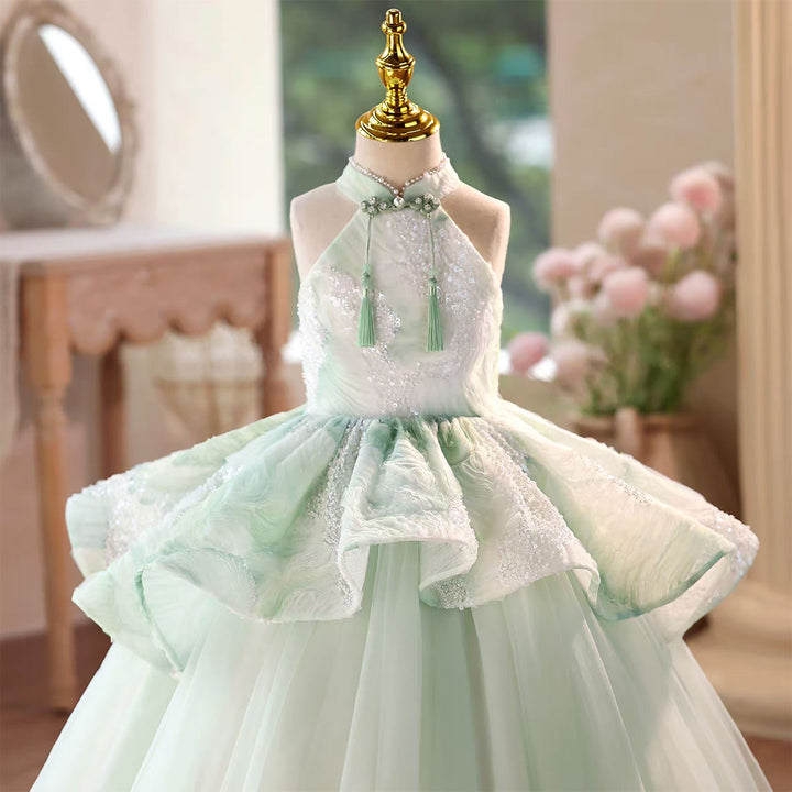 Green Flower Girl Dress with Delicate Beading Floor Length D102