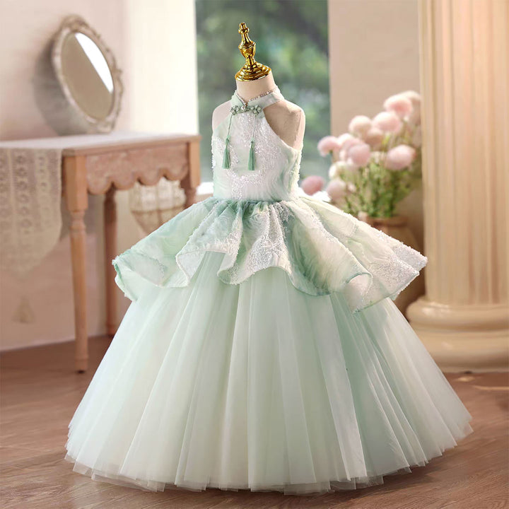 Green Flower Girl Dress with Delicate Beading Floor Length D102