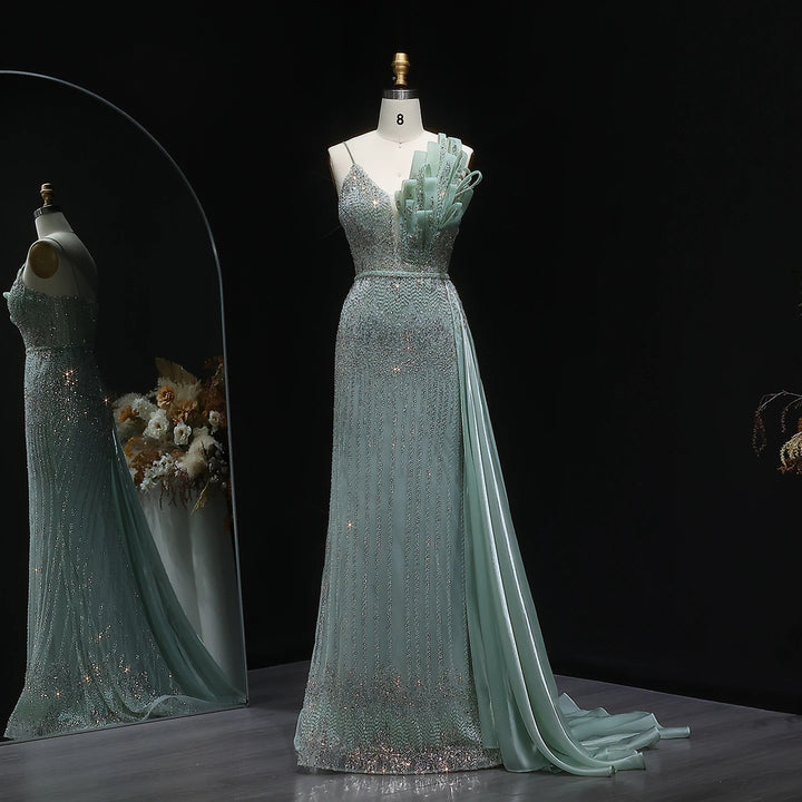 Elegant Beaded Mermaid Evening Dress with Flowing Overskirt SS094