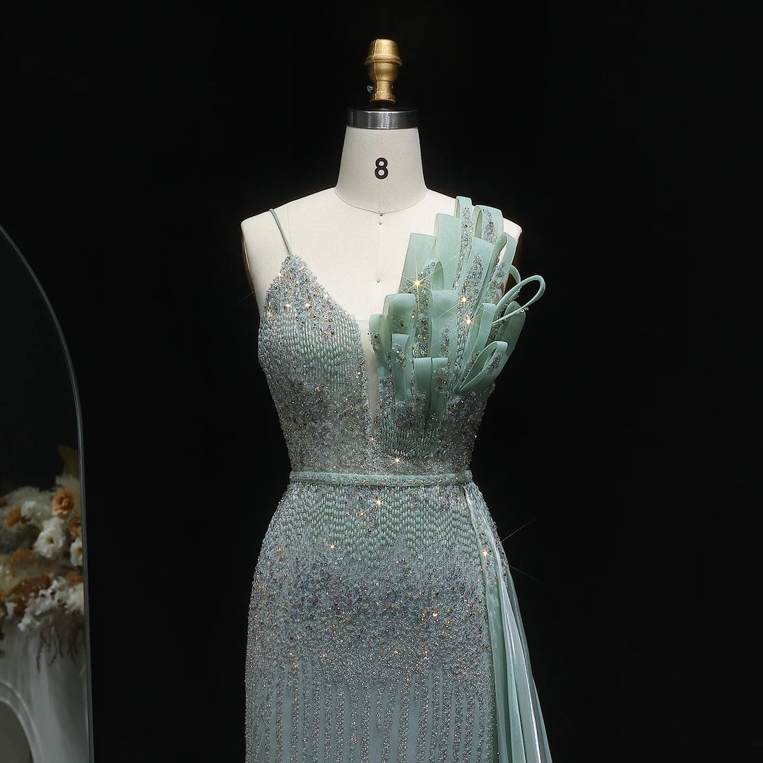 Elegant Beaded Mermaid Evening Dress with Flowing Overskirt SS094