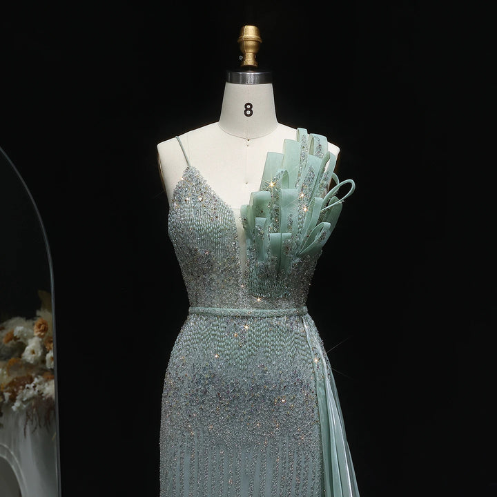 Elegant Beaded Mermaid Evening Dress with Flowing Overskirt SS094
