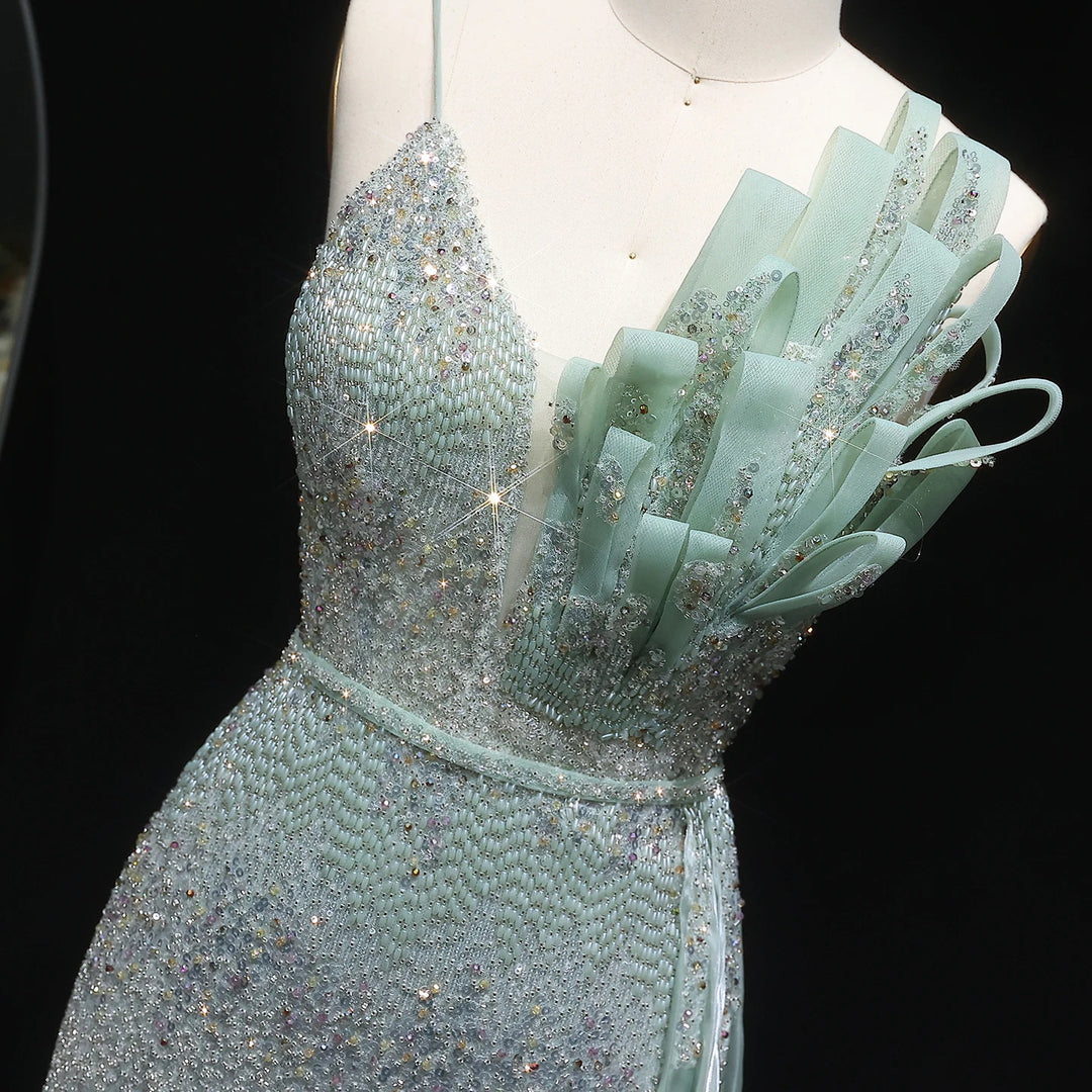 Elegant Beaded Mermaid Evening Dress with Flowing Overskirt SS094