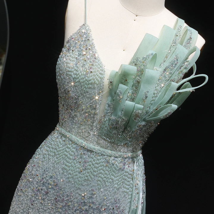 Elegant Beaded Mermaid Evening Dress with Flowing Overskirt SS094