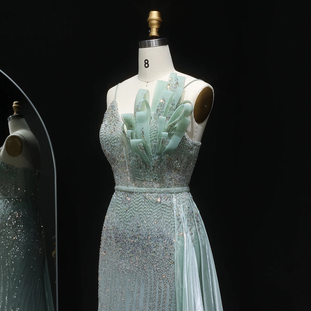 Elegant Beaded Mermaid Evening Dress with Flowing Overskirt SS094