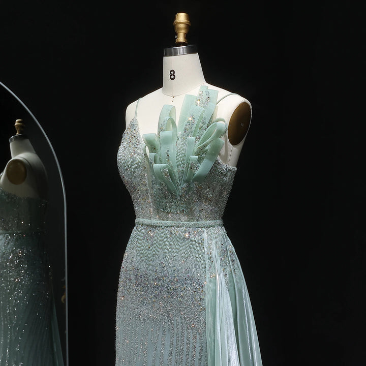 Elegant Beaded Mermaid Evening Dress with Flowing Overskirt SS094