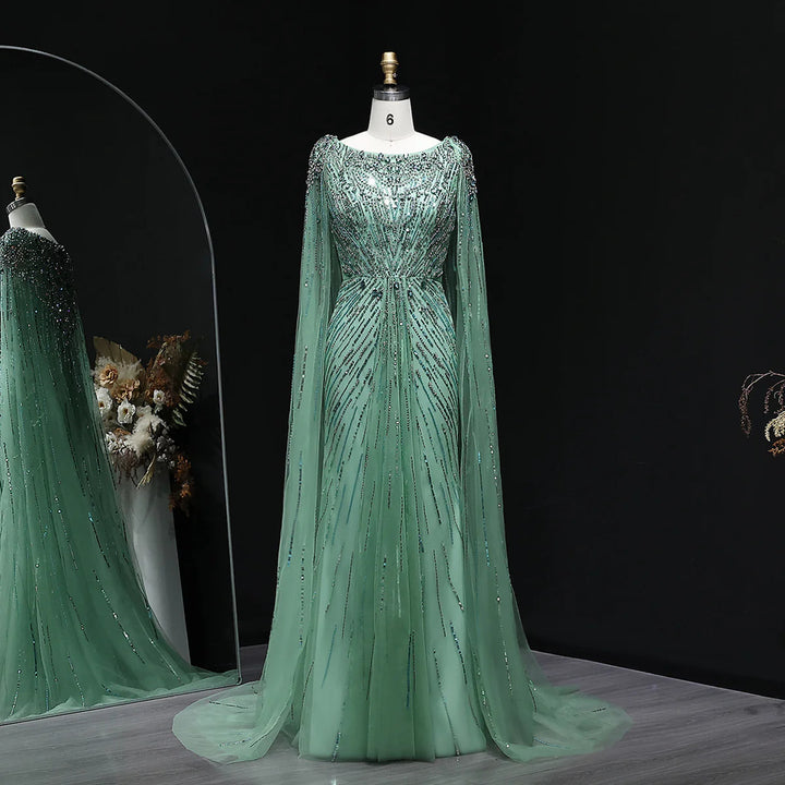 Elegant Lilac Crystal Evening Gown with Flowing Cape Sleeves SS549