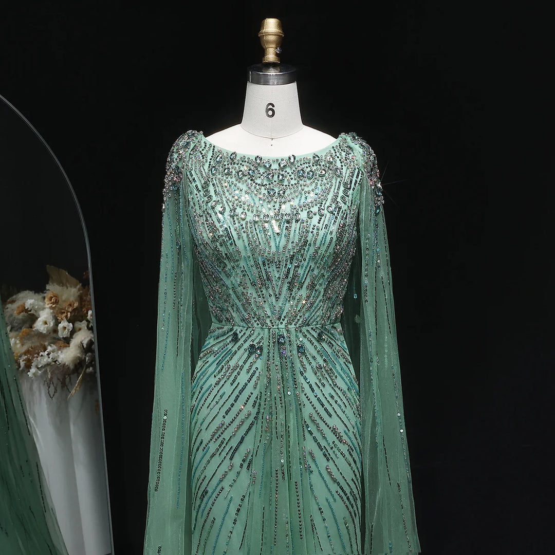 Elegant Lilac Crystal Evening Gown with Flowing Cape Sleeves SS549