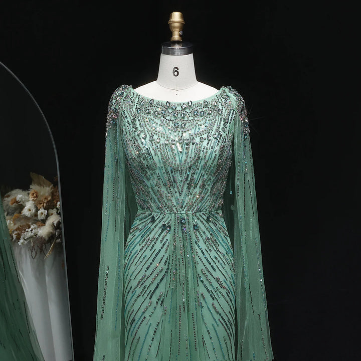 Elegant Lilac Crystal Evening Gown with Flowing Cape Sleeves SS549