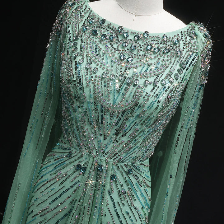 Elegant Lilac Crystal Evening Gown with Flowing Cape Sleeves SS549