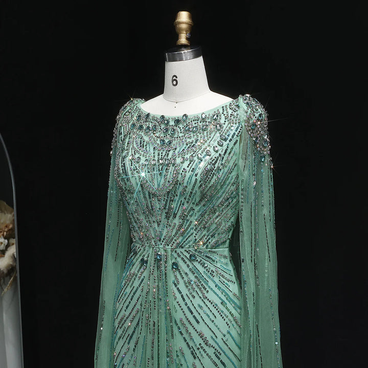 Elegant Lilac Crystal Evening Gown with Flowing Cape Sleeves SS549