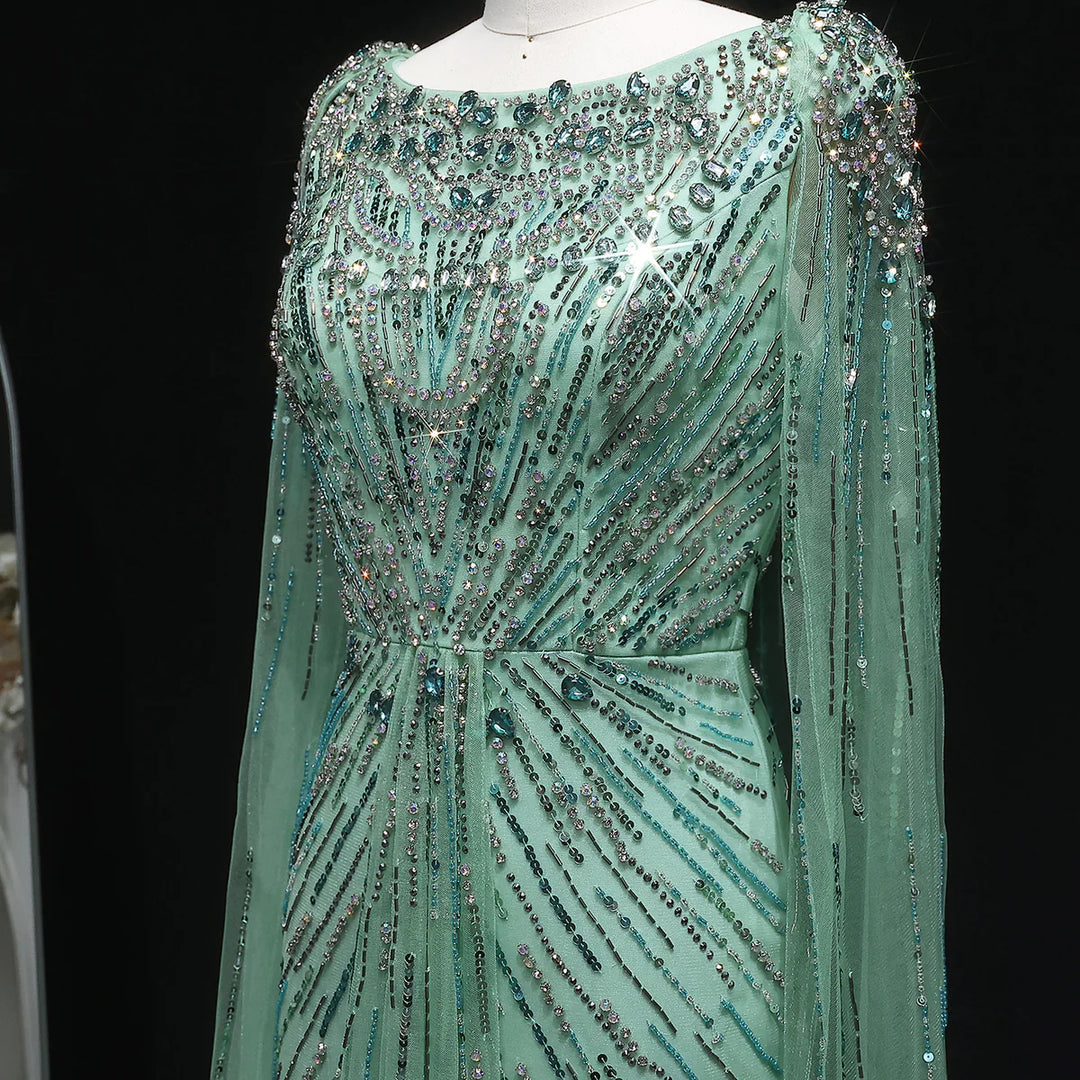 Elegant Lilac Crystal Evening Gown with Flowing Cape Sleeves SS549